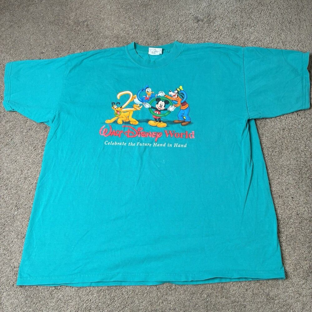 Walt Disney World Celebrate the Future Hand in Hand Teal T-Shirt XL Mickey Y2K